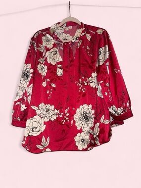 Floral Pink White Tie Neck Satin Blouse